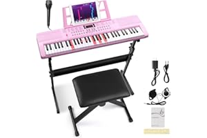 Ktaxon 61 Key Keyboard Piano Electric Keyboard w/Lighted Keys, Electric Piano Set with Headphones, Microphone, Music Rest, Power Adapter, Stand, Piano Bench and Manual (Full-Pink)