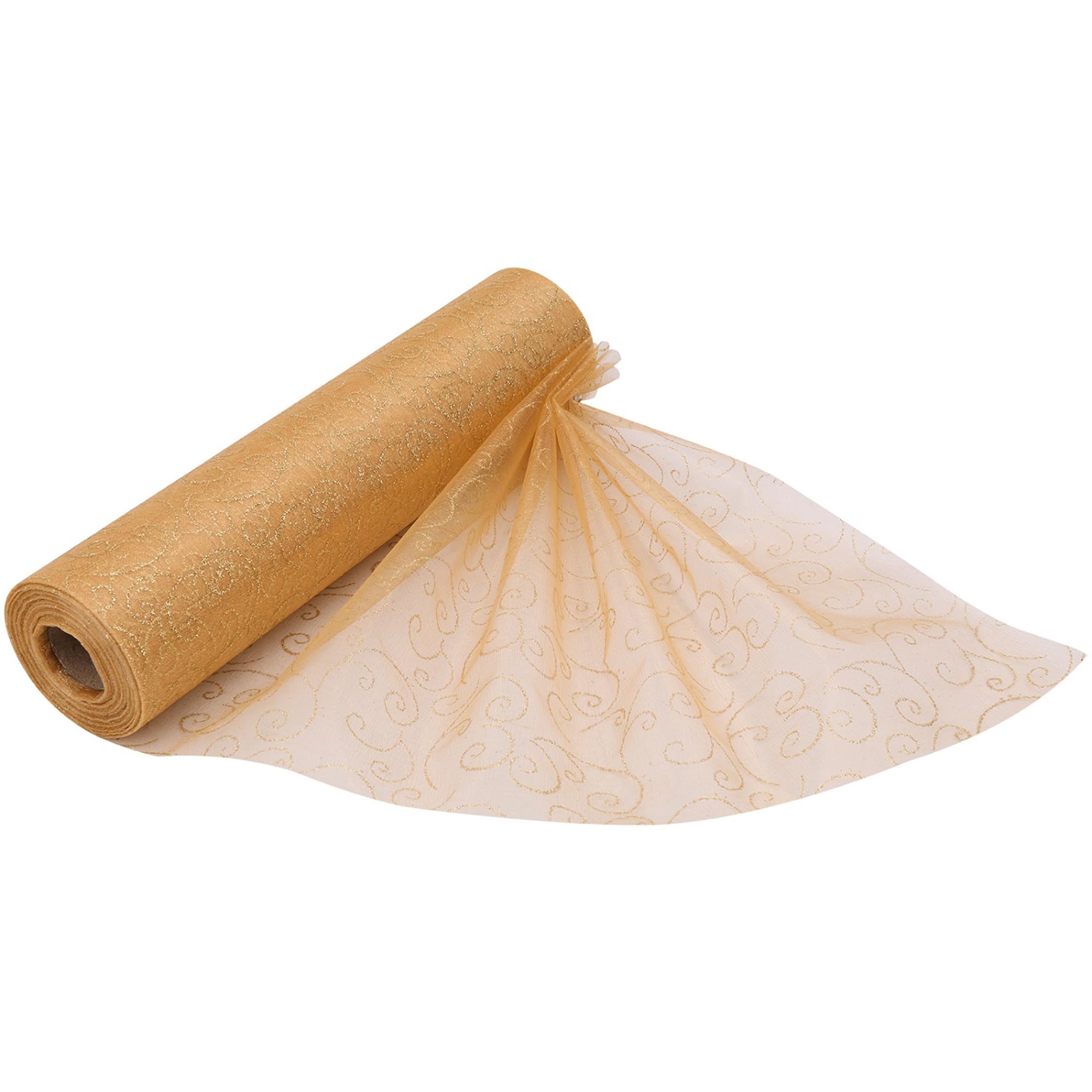 25m x 29cm Organza Roll Sparkle Snow Sheer Glitter Fabric with Flocked Design for Wedding Venue, Chair Bow Sash, Table Runner, Xmas Tree, Christmas Wreath, Gift Wrapping, Party Decoration, Gold