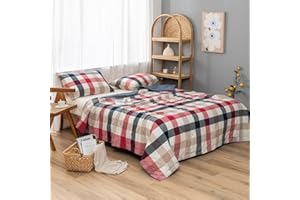 NTCOCO Comforter Set Thin Quilt Summer Lightweight Comforter,100% Washed Cotton,Machine Washable,Soft Comfy Breathable Can Sleep Naked (Red Blue Grid, King)