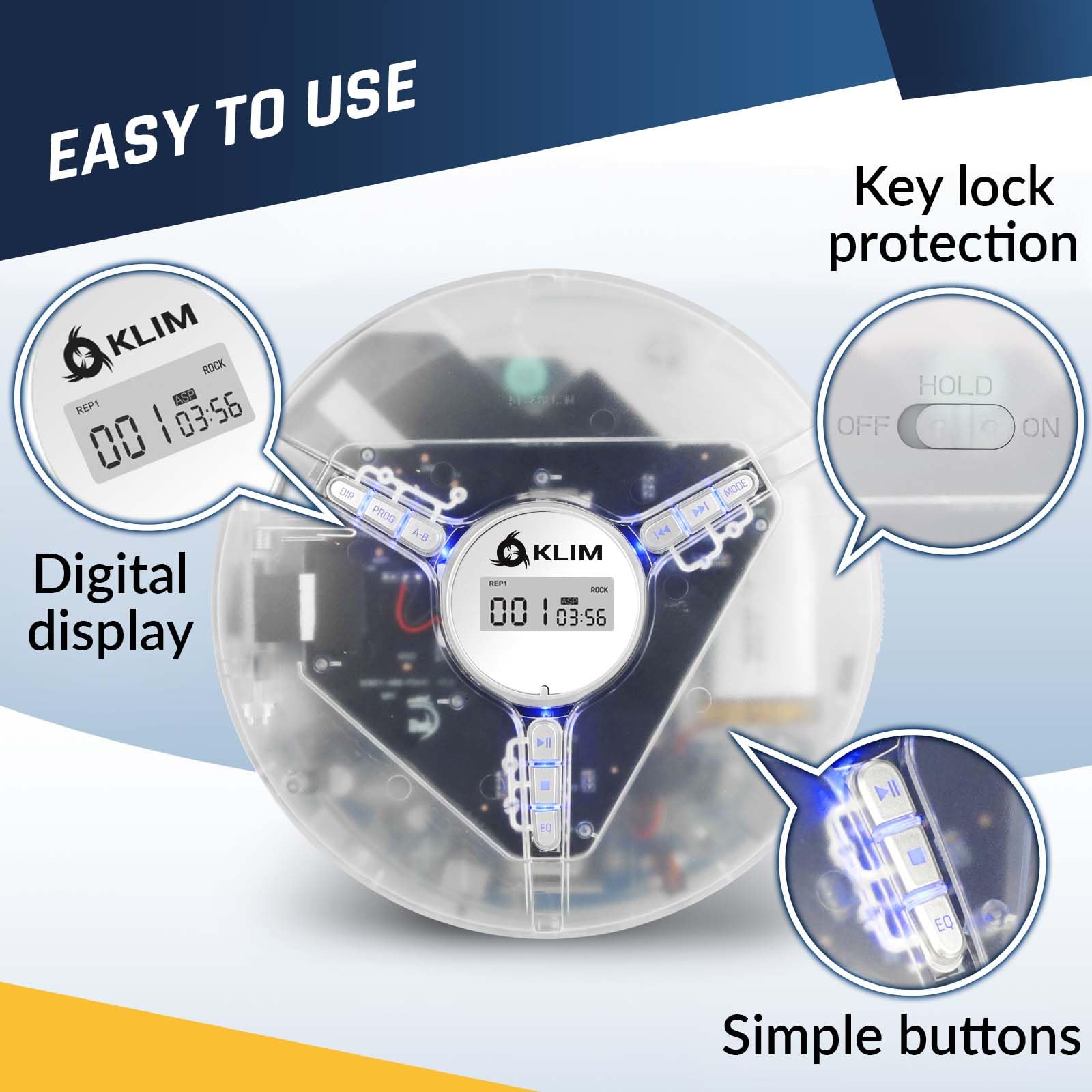 KLIM Discman Portable CD Player with Headphones, Built-in Battery - New - CD Players for Home, Car - Compatible w/SD Card CD CD-R CD-RW MP3 WMA - 5 EQ Effects - Walkman CD Player - Clear White