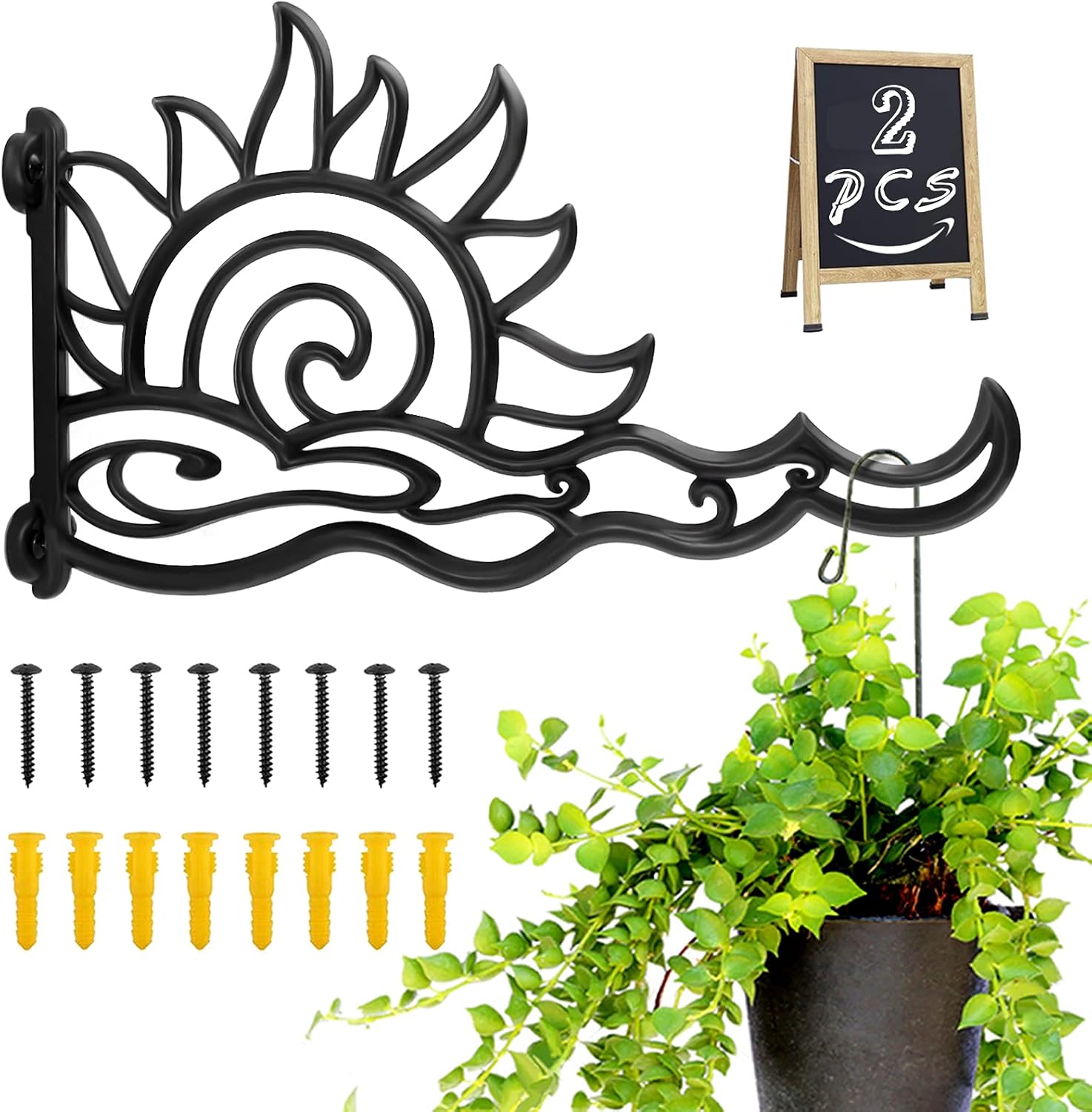 Outdoor Hanging Brackets - JUNBEI Plant Hanging Bracket, Sun & Cloud Shape Solid Aluminum Heavy Duty Plant Hanger, Durable Rust-Resistant Wall Mount Hooks for Hanging Plants Bird Feeder Lanterns Wind Chimes (Set of 2)