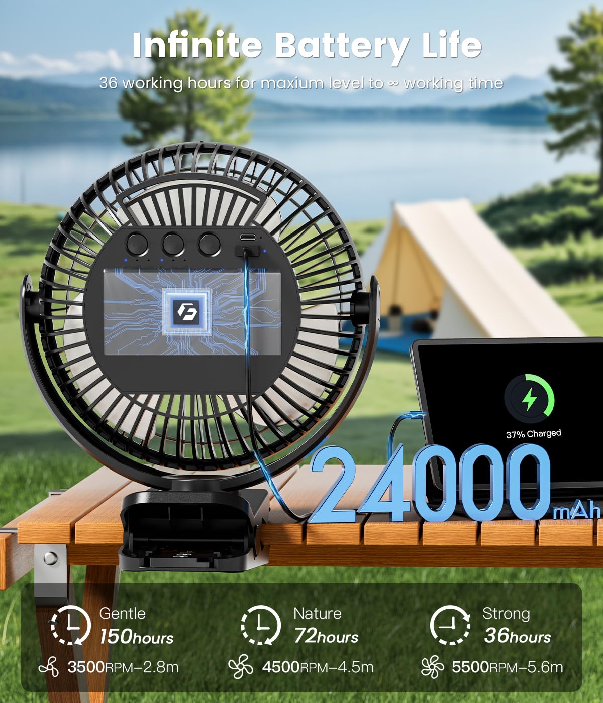24000mAh Clip on Fan for Golf Cart - 8-inch Portable Rechargeable Fans - Max Up to 150Hrs Work Time - Battery Operated Fan with LED, Remote, Timers, Hook for Office, Desk, Camping, Tent, Treadmill