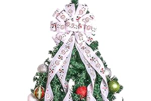 SAILUP Christmas Tree Topper Christmas Wreath Bow 48x13 Inches Large White Christmas Toppers Bow with Candy Patterned Ribbon Glitter Satin Streamers for Xmas Tree Home Indoor Outdoor Decoration