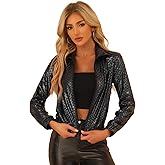 Allegra K Women's Holographic Shiny Party Christmas Long Sleeve Lightweight Zipper Metallic Jacket
