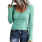 KINLONSAIR Women’s Long Sleeve Henley T Shirts Button Down Slim Fit Tops Scoop Neck Ribbed Knit Shirts