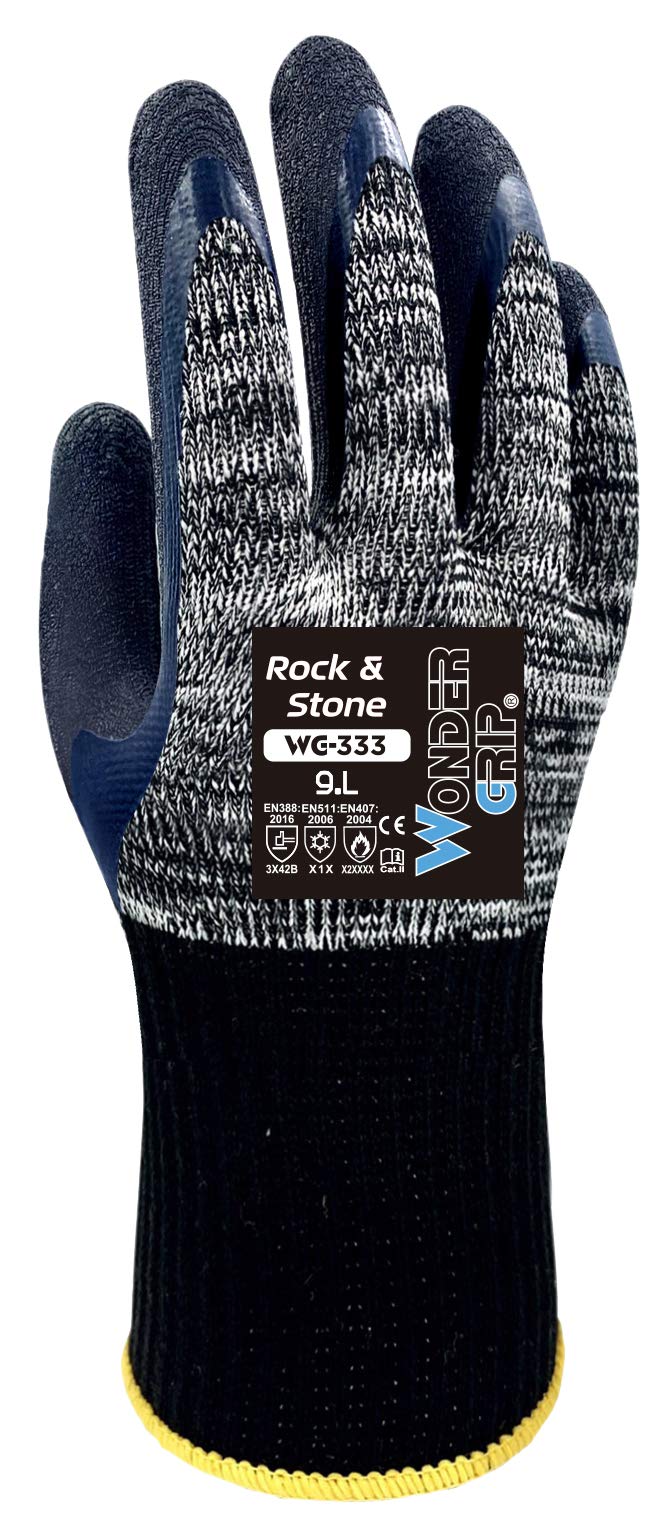 Wondergrip - Rock & Stone - WG-333 Safety Gloves - Double Latex Coating - Non-Slip Grip - Heat, Cold, Cut Level B Protection - Heavy Duty & Ergonomic Fit - Grey - Large