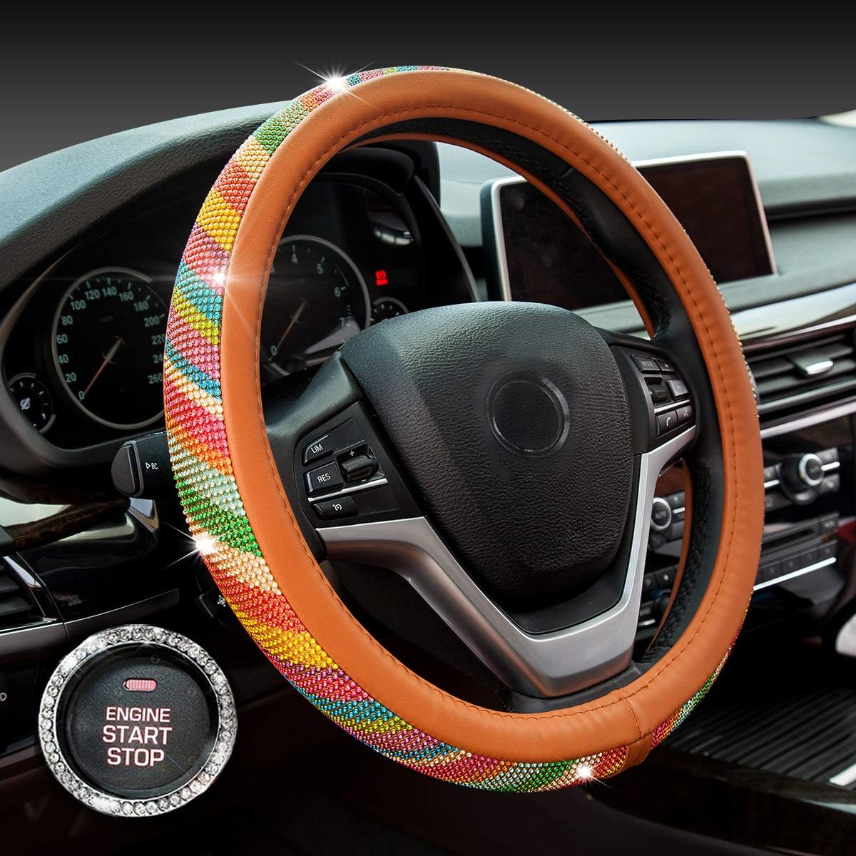 Crystal Diamond Steering Wheel Cover, PU Leather with Rainbow Bling Bling Rhinestones, Universal 15inch / 38cm for Women Girls, Brown