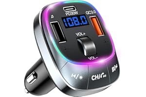 Redroman USB C Bluetooth 5.4 Car Adapter for Hands-Free Calling & 48W Fast Charging, Wireless FM Transmitter Audio Receiver with USB Playback and 7-Color LED Backlit, Type-C PD Charger for All Cars