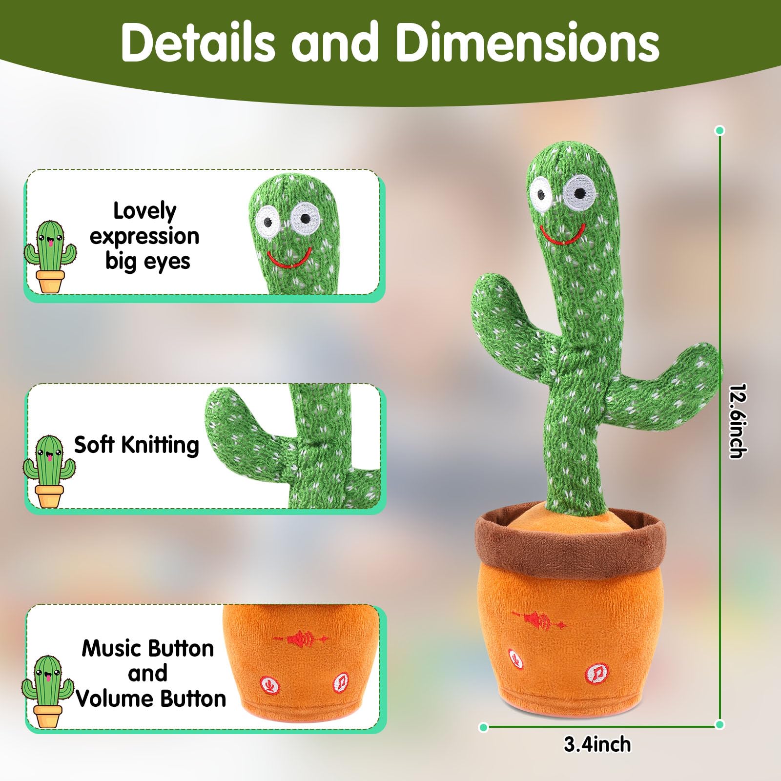 MIAODAM Dancing Talking Cactus Toy for Baby Toddler, Colorful Glowing Repeating What You Say, Singing Talking Toy 120 Pcs Songs for Baby Dancing Cactus Mimicking Toys
