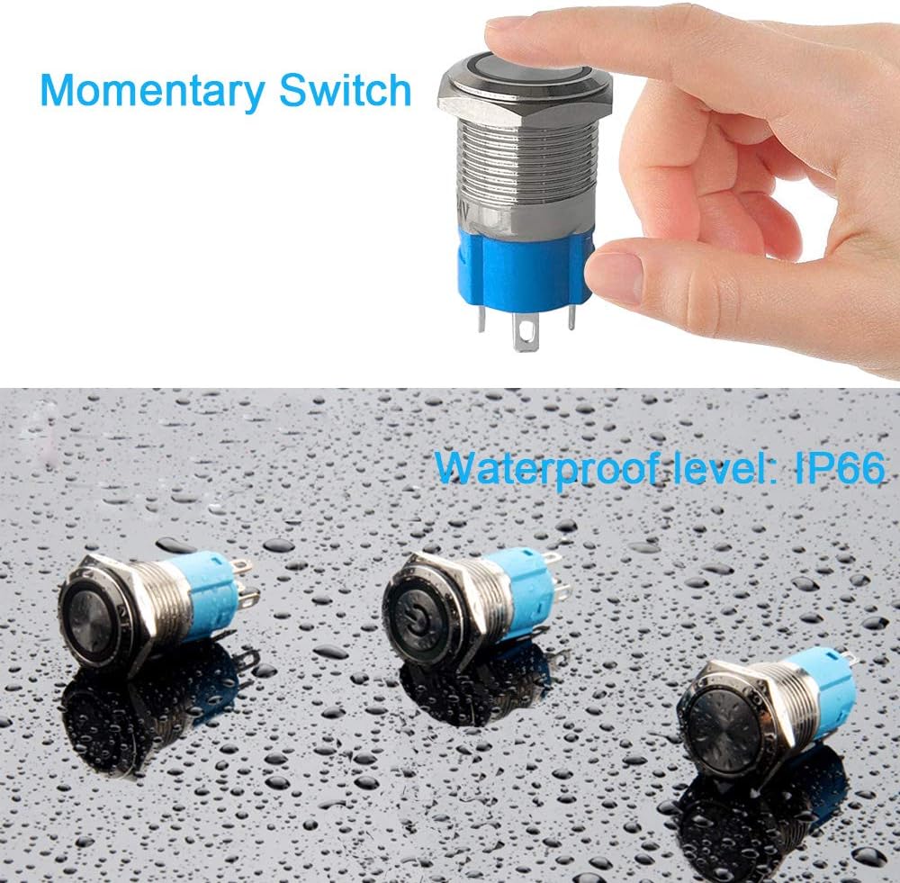 QitinDasen 3Pcs Premium 12V/24V 5A Momentary Push Button Switch, 16mm Car Ignition Starter Switch - Image 4