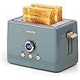 2 Slice Toaster, Retro Bread Toaster with LED Digital Countdown Timer, Extra Wide Slots Toasters with 6 Bread Shade Settings, Bagel, Defrost Function, High Lift Lever, Removal Crumb Tray, Ash Blue