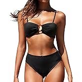 Holipick Women's Bandeau Bikini Set High Waisted Bathing Suits O Ring Halter Bikini Tops Two Piece Swimsuit