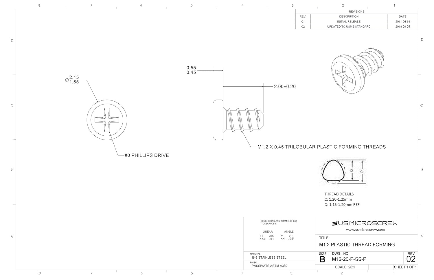 M1.2 X 2mm Plastic Thread Forming Screw Stainless Steel Pan Head Phillips Drive (100 Pcs) M12