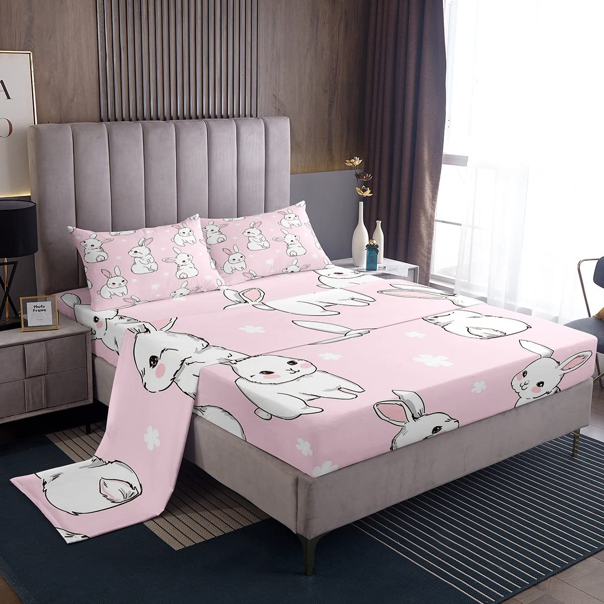 Kids Cartoon Rabbit Cute Bunnies Design Sheet Set for Children Boys Girls Floral Kawaii Animal Bed Set Lovely Pink Sheets 3Pcs Single Size