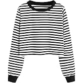 SweatyRocks Women's Casual Long Sleeve Striped Cropped T-Shirt Casual Crop Tee Top