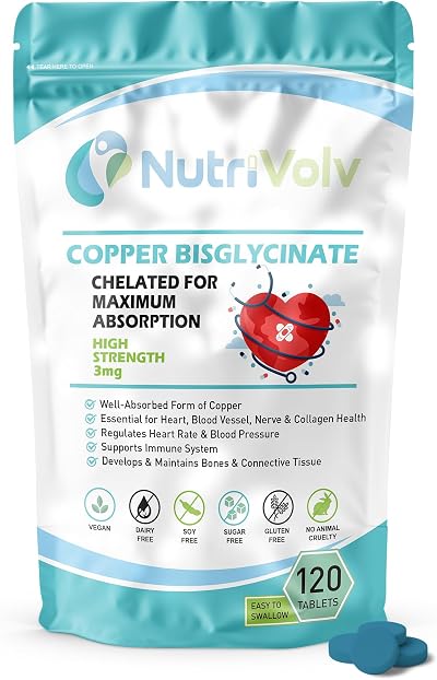 NutriVolv Copper Bisglycinate 3mg Vegan Chelated Cu 120 Tablets UK Made