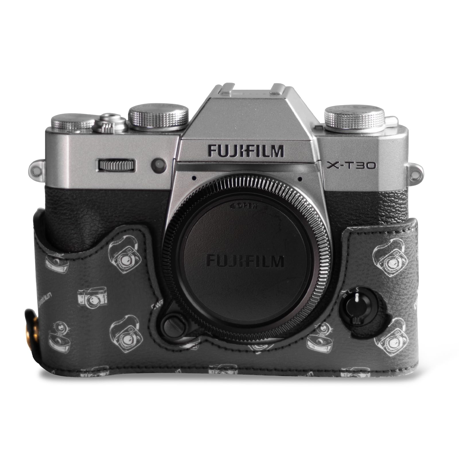 Cwatcun Leather Camera Half Case Compatible with Fujifilm X-T30 II, Vintage Pattern Style Leather Half Case with Magnetic Battery Access, Black