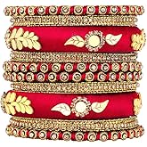 Aheli Synthetic Stone Studded 2.6 Inch Green Silk Thread Bangles Set Ethnic Fashion Jewellery Gift for Women