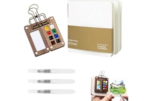 Mini Watercolour Travel Set, Pocket Watercolor Palette with Metal Clip, 6 x 6 cm Walnut Palette, 8 x 8 cm Sketchbook and 3 Br