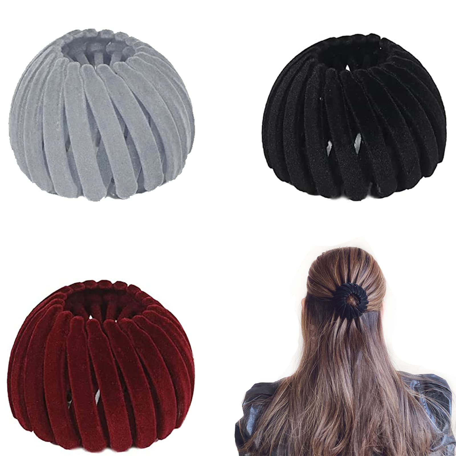 Birds Nest Hair Clip- 3Pcs Velvet Expandable Ponytail Holder Hair Claw Clamps, Bun Maker Clip Tool, Lazy Bird's Nest Plate Hairpin Hair Accessories for Women,Girls (3 Colors)