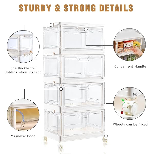 FREEBAT COLLAPSIBLE PLASTIC STORAGE BINS WITH WHEELS, CLEAR STACKABLE STORAGE BINS WITH LID, STACKABLE STORAGE BINS WITH OPEN DOOR, FOLDING STORAGE BINS ORGANIZER FOR CLOSET, BEDROOM, LIVING ROOM
