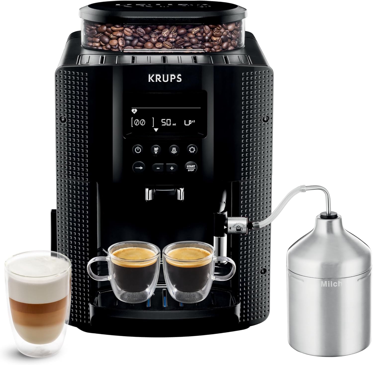 Krups Essential Kaffeevollautomat mit Milchschlauch, 2-Tassen-Funktion, LCD-Display, Einfache Reinigung, Kaffeemaschine, TÜV-Siegel, Schwarz, EA816031