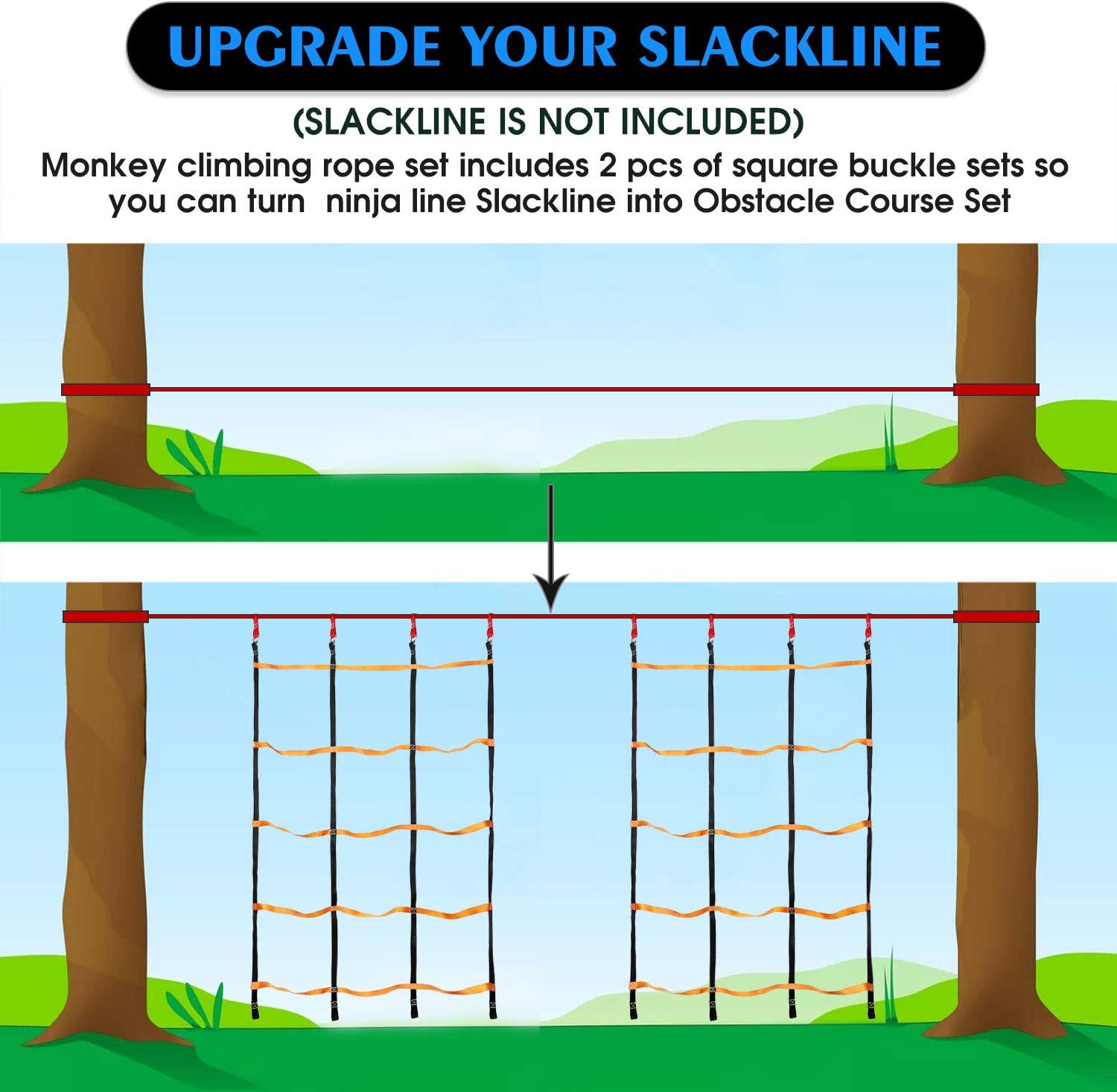Odoland 3.9ftx6.6ft Ninja Net Climbing Cargo Net Rope Ladder for Kids Outdoor with 4 Square Buckles and 4 Delta Rings, Obstacle Course for Training Equipment and Swing Set Attachment : Sports & Outdoors
