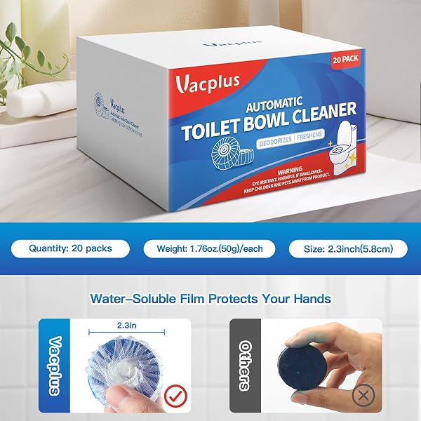 VACPLUS TOILET BOWL CLEANERS – 20 PACK LONG-LASTING TOILET CLEANER TABLETS, PREVENT STAINS & DEODORIZE, BLUE