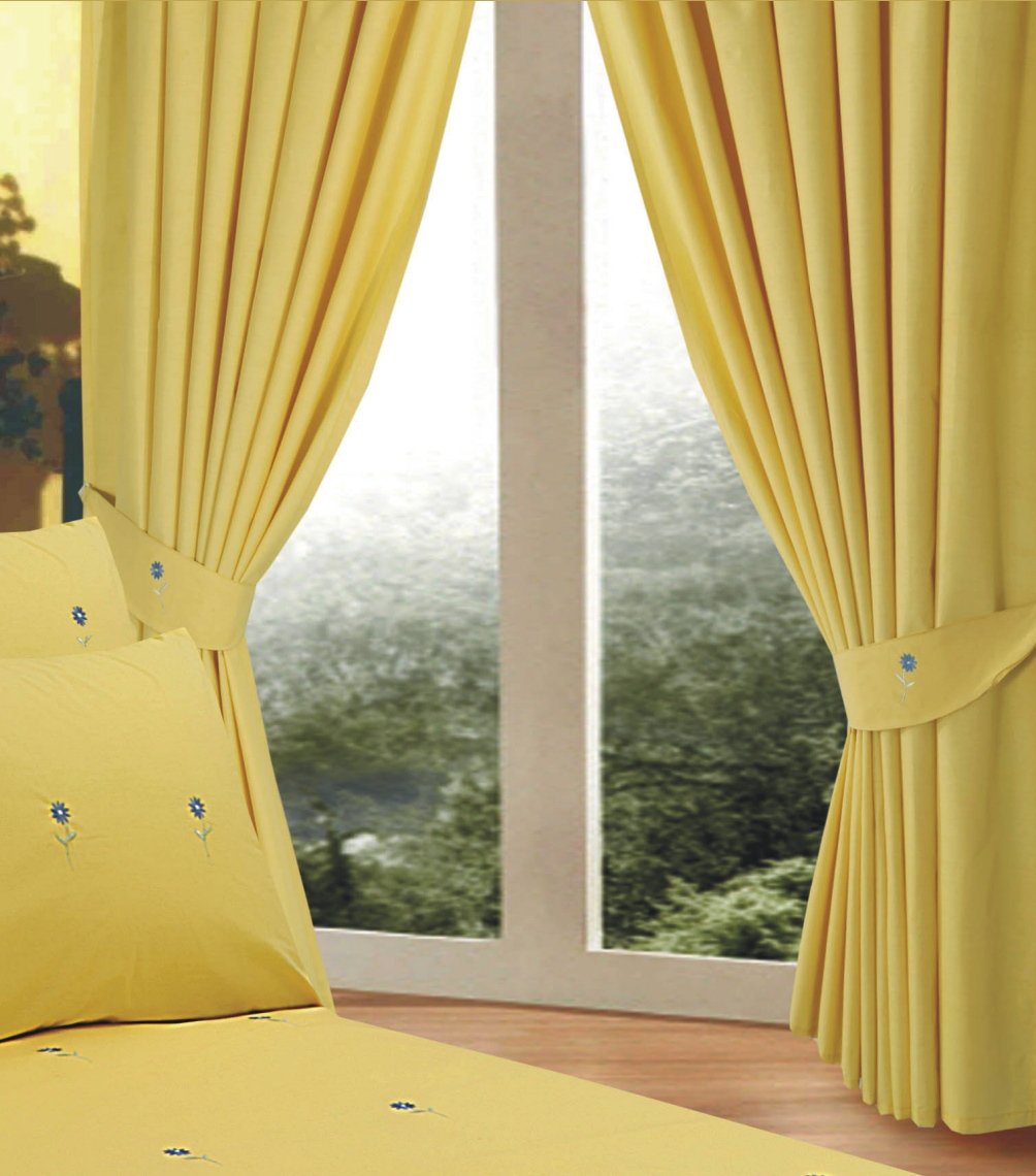 Goldsmith Crewe & Co Bellis Yellow, 66"x72" Curtains + Matching Tie-Backs, Floral Embroidered Daisy Flower Lemon Blue Green