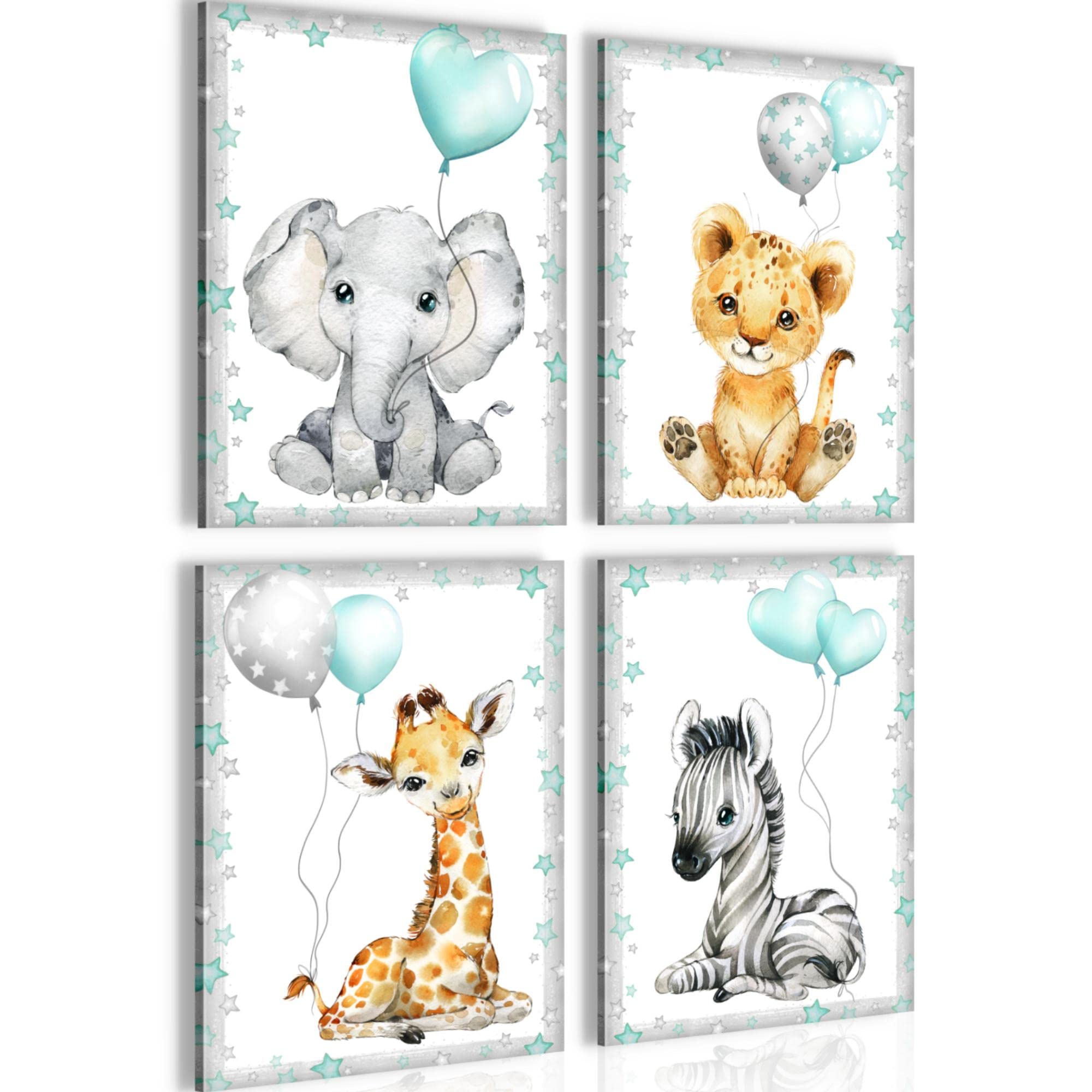 Modern Canvas Animals - Hang Your Picture Right Away - Stylish, no Frame Required - 4 Pictures Set - Nursery Baby Room N016647b