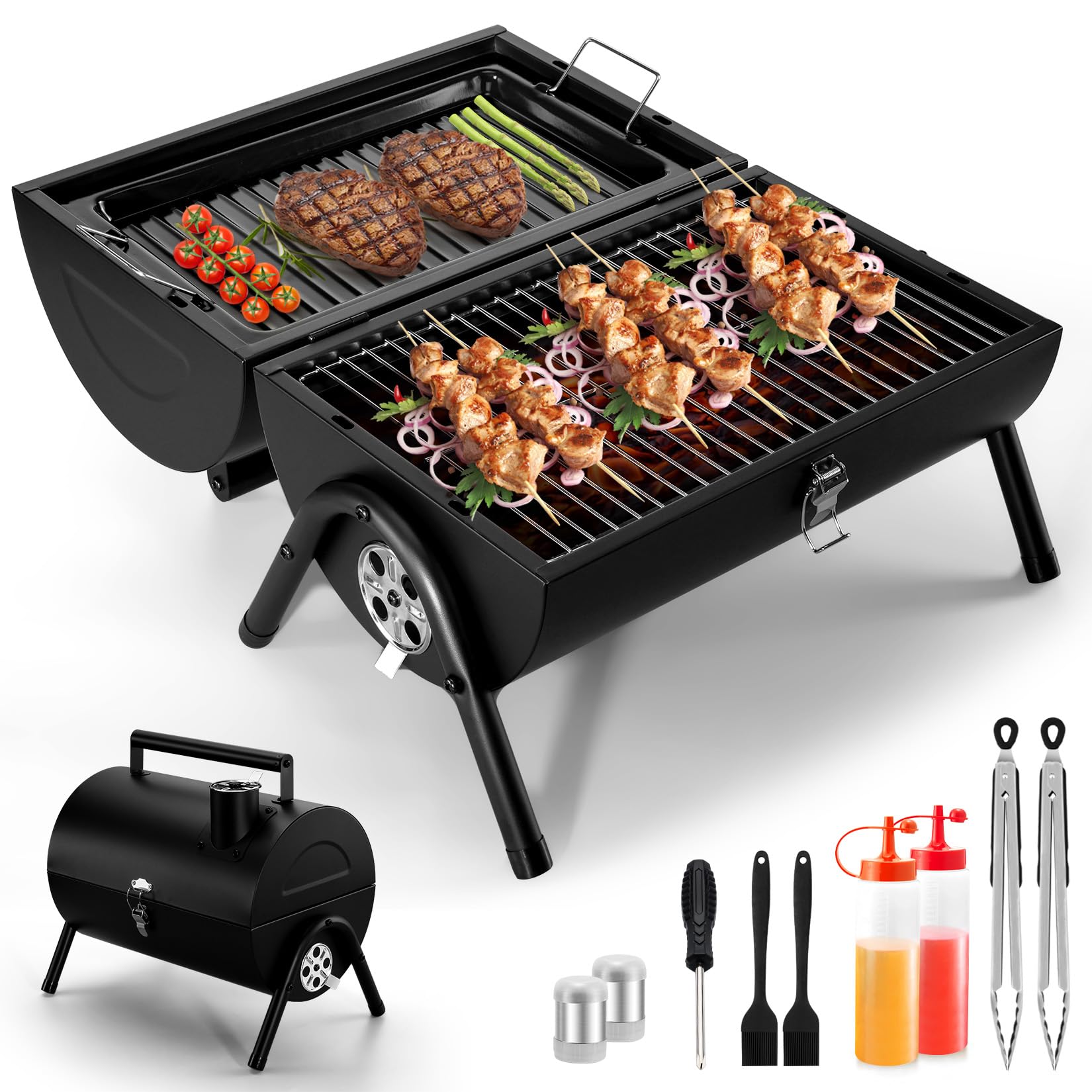 Photo 1 of Portable BBQ Charcoal Grill, Joyfair Small Folding Tabletop Barbecue Smoker, 2-IN-1 2-Sided Carbon Grills with Tray, Rack, BBQ Tools, for Outdoor Camping Patio Picnic, Heavy Duty (230Sq.in), 11 PCS
