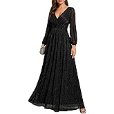 Ever-Pretty Women's A-Line Glitter Formal Dresses V-Neck Long Sleeves Floor Length Evening Gowns Mother of Bride Dress