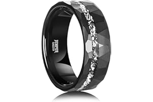 JEWPER Tungsten Rings for Men Womens 8mm Black Fashion Promise Wedding Band Hammered Groove Meteorite Orbo Carbide Beveled Polished Edge Comfort Fit