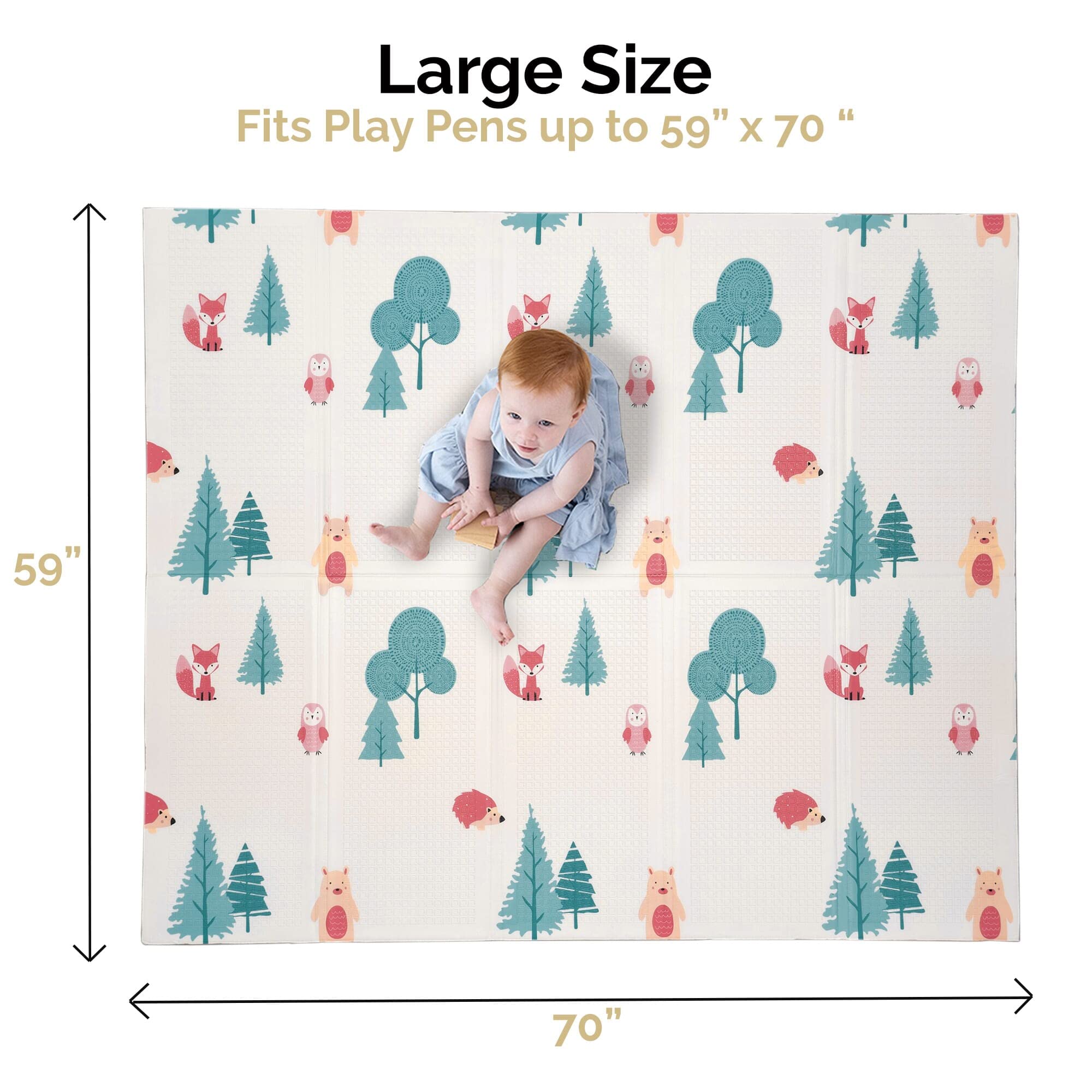 JumpOff Jo - Large Waterproof Foam Padded Play Mat for Infants, Babies, Toddlers, Play Pens & Tummy Time, Foldable Activity Mat, 70 in. x 59 in. - Woodland Rainbow