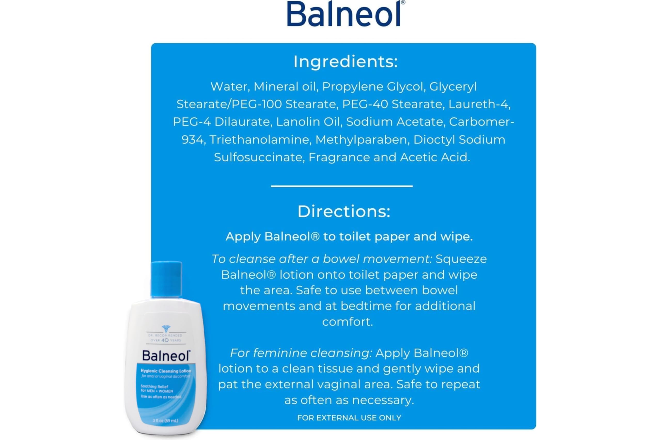 Balneol Hygienic Cleansing Lotion for Women and Men, Soothing Relief to Help With Pain Relief, Itch Relief, and Discomfort for Sensitive Areas, Made in USA, 3 oz