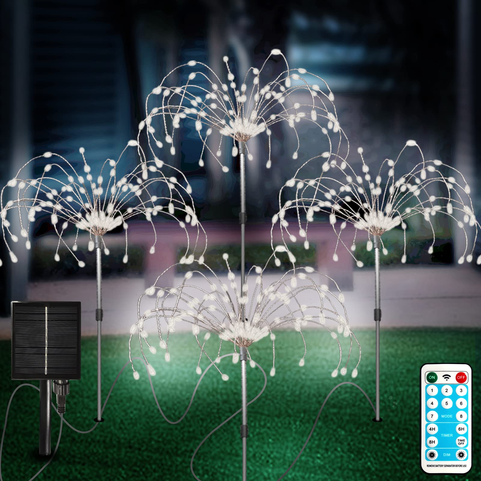Solar Garden Lights Outdoor 4 Pcs Solar Fireworks Lights Garden Ornaments with Remote Control 8 Modes 420 LEDs Waterproof Outdoor Light Decorations for Lawn Backyard Pathway Christmas(Cold White)