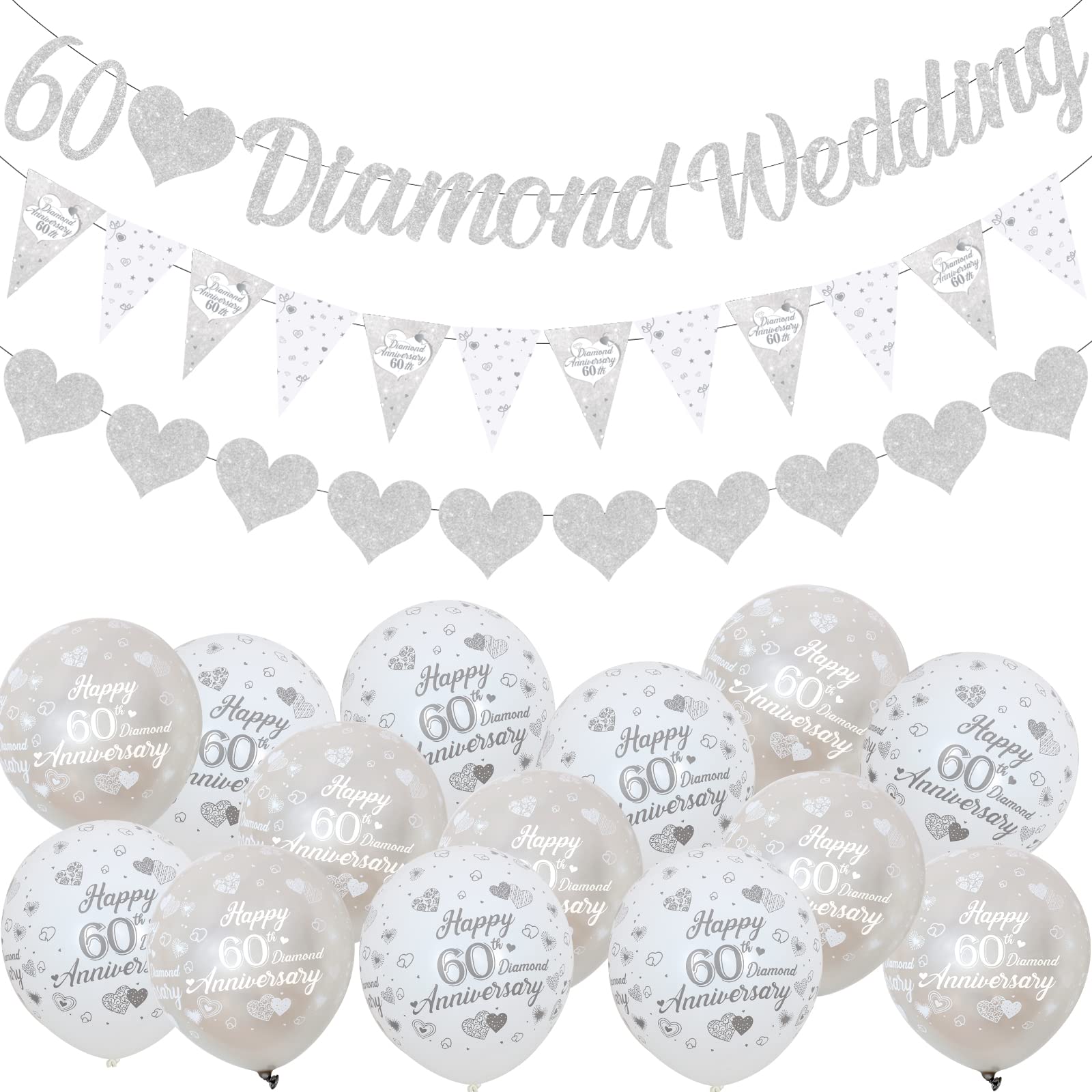 Fangleland 60th Wedding Anniversary Decorations Banners, 60th Diamond Wedding Glitter Banners Bunting Flag and Balloons for Diamond Anniversary Party Supplies