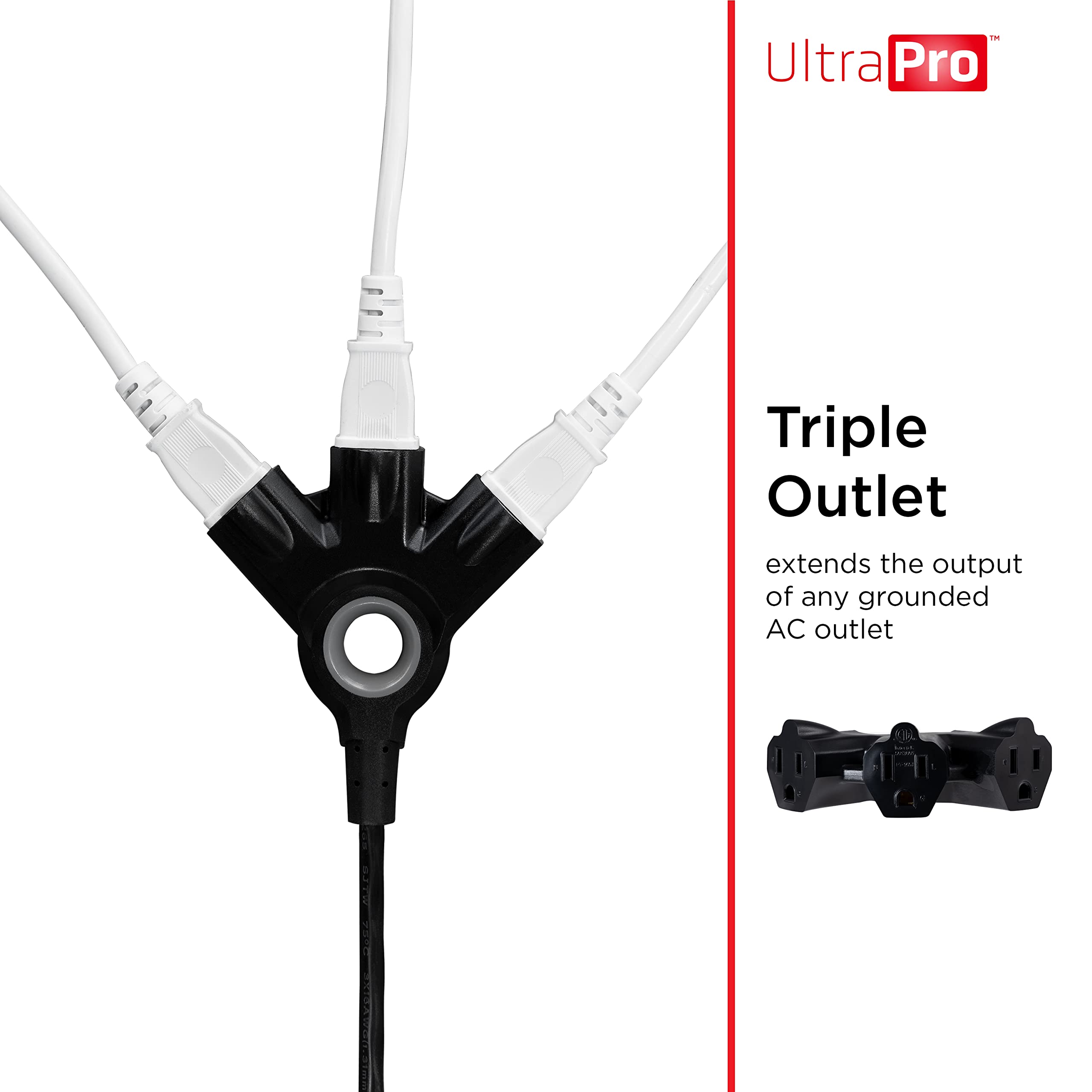 UltraPro Outdoor Extension Cord, 15 Ft, 3-Outlet Extension Cord Outdoor, Heavy Duty 3 Prong Extension Cord, 125 VAC Extension Cord with Multiple Outlets, Long Extension Cord, 1 Pack, Black, 67827