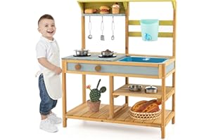 HONEY JOY Mud Kitchen for Kids Outdoor, Fir Wood Pretend Play Toy Kitchen with Removable Sink, Real Water Tank & Faucet, Stov