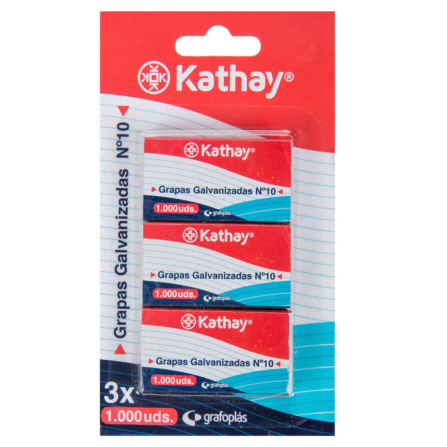 Kathay 86001100 Blister Pack with 3 Boxes of 1000 Units of Number 10 Galvanised Staples, Anti-Rust