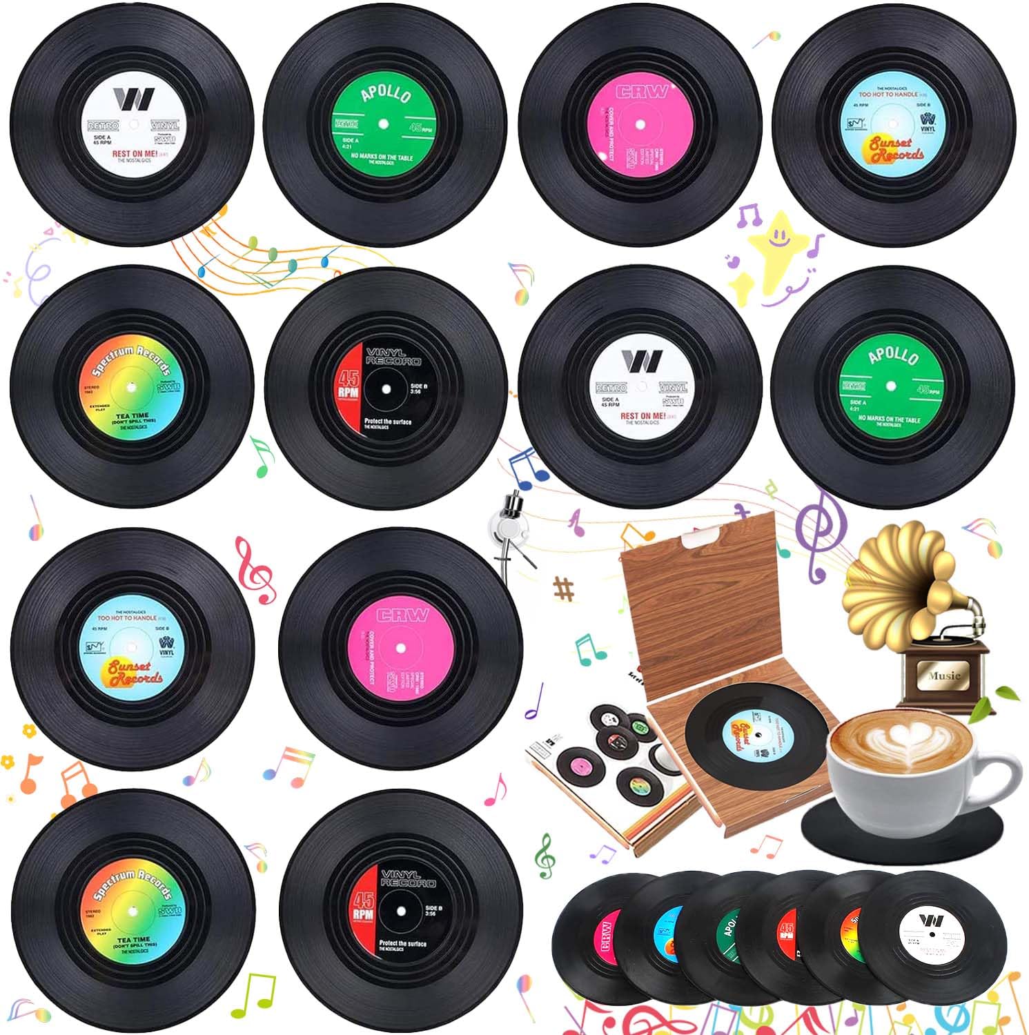 12 Pieces Retro CD Record Coasters, Record Style Drinks Coasters, Coasters Non-Slip Drink Cup Mats Retro Vinyl, Beer Coasters Music, Insulated, Drink Cup Mats, Protection, Beverage, Beer, Bar