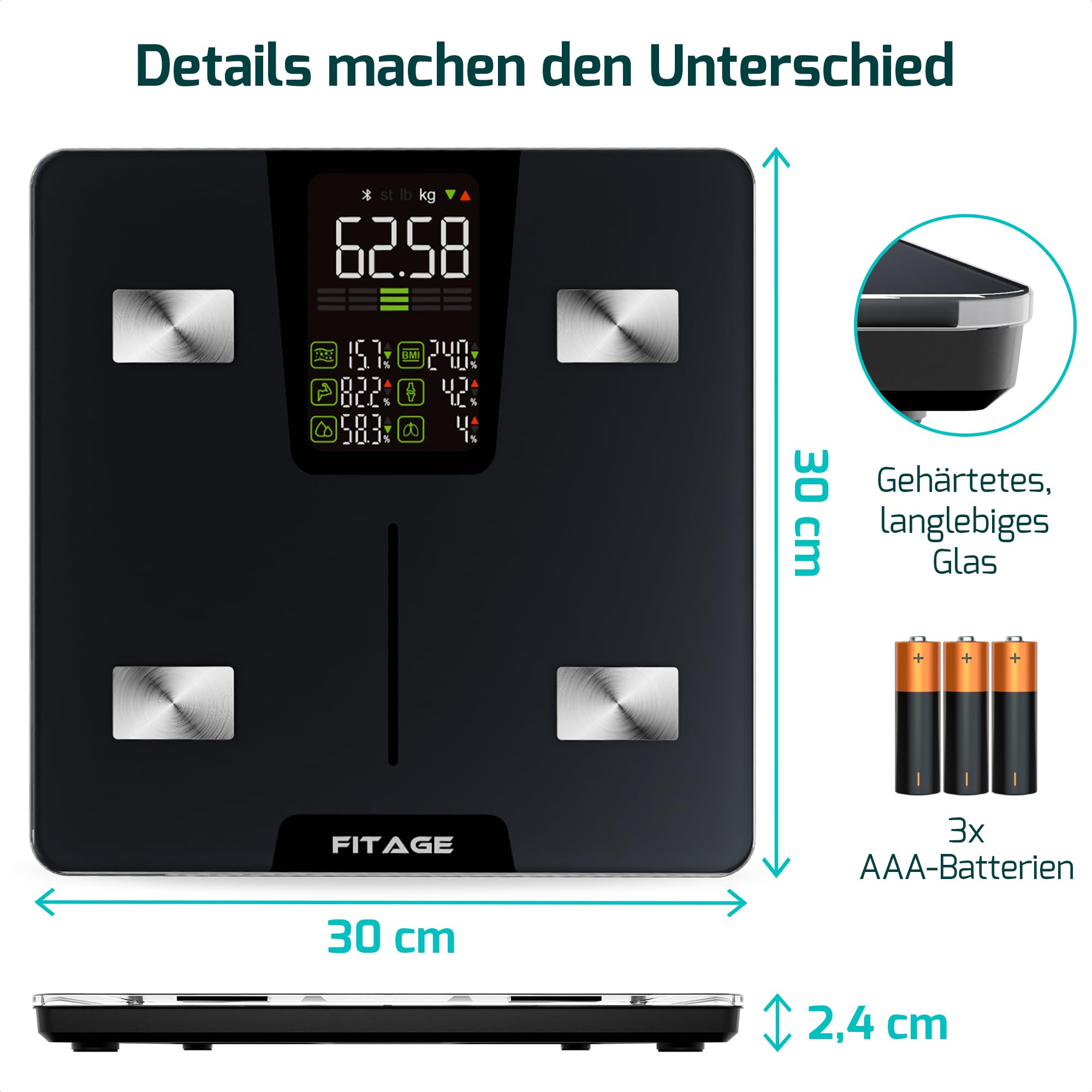 Personenwaage digital Testsieger 2025, Körperwaage bis 225kg, Körperfettwaage mit 17 Körpermesswerten, Körperanalyse mit App, Waage mit Körperfett und Muskelmasse mit großem LED-Display - Schwarz 6