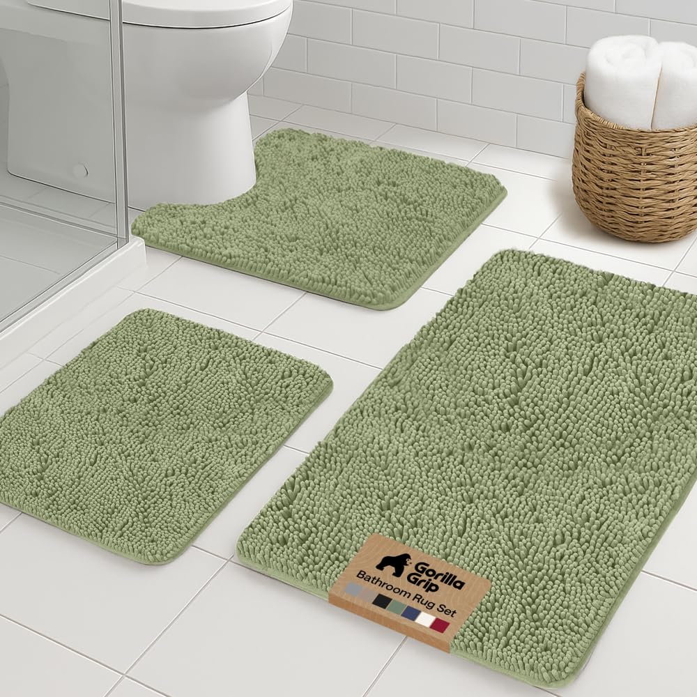 GORILLA GRIP Bathroom Rug Sets 3 Piece, Bath Mat Set and Oval Toilet Base with Rubber Backing, Plush Absorbent Shaggy Chenille Washable Mats, Includes 24x19.5, 24x17 and 30x20 Inch Rugs, Hunter