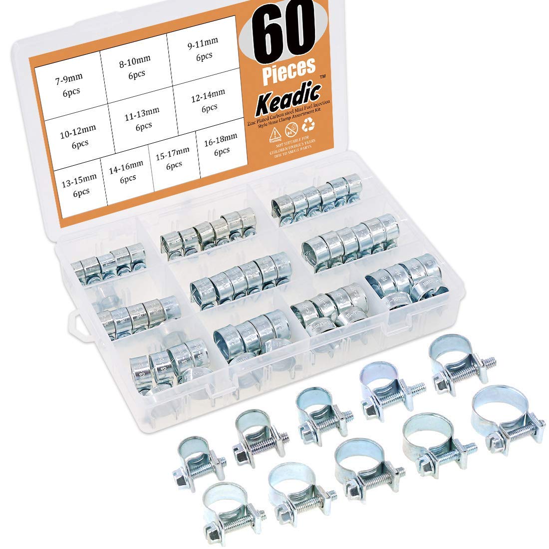 Keadic 60 PCS Fuel Line Hose ClipsSet, 6-18mm Range Hose Clamps 304 Stainless Steel, Spring Hose Clamps, Water Pipe Air Tube Silicone Vacuum Hose Clamp Fastener, for Air Hose Fuel Line Drain Hose