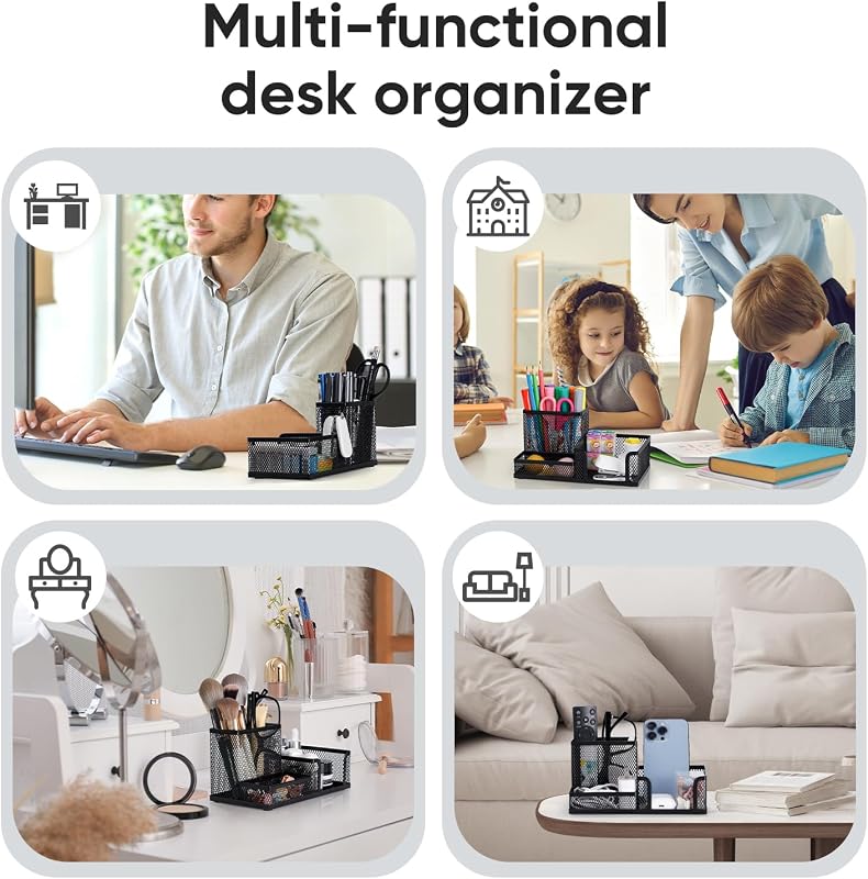 Schreibtisch Organizer aus Drahtmetall, Multifunktionale Organisation mit Stifthalter und Aufbewahrungskörben, für Zuhause und Büro, 3 Fächer, Schwarz
