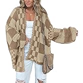 BTFBM Casual Cardigan Sweater for Women Fall 2026 Long Sleeve Open Front Chunky Knit Sweaters Checkered Outwear Coat
