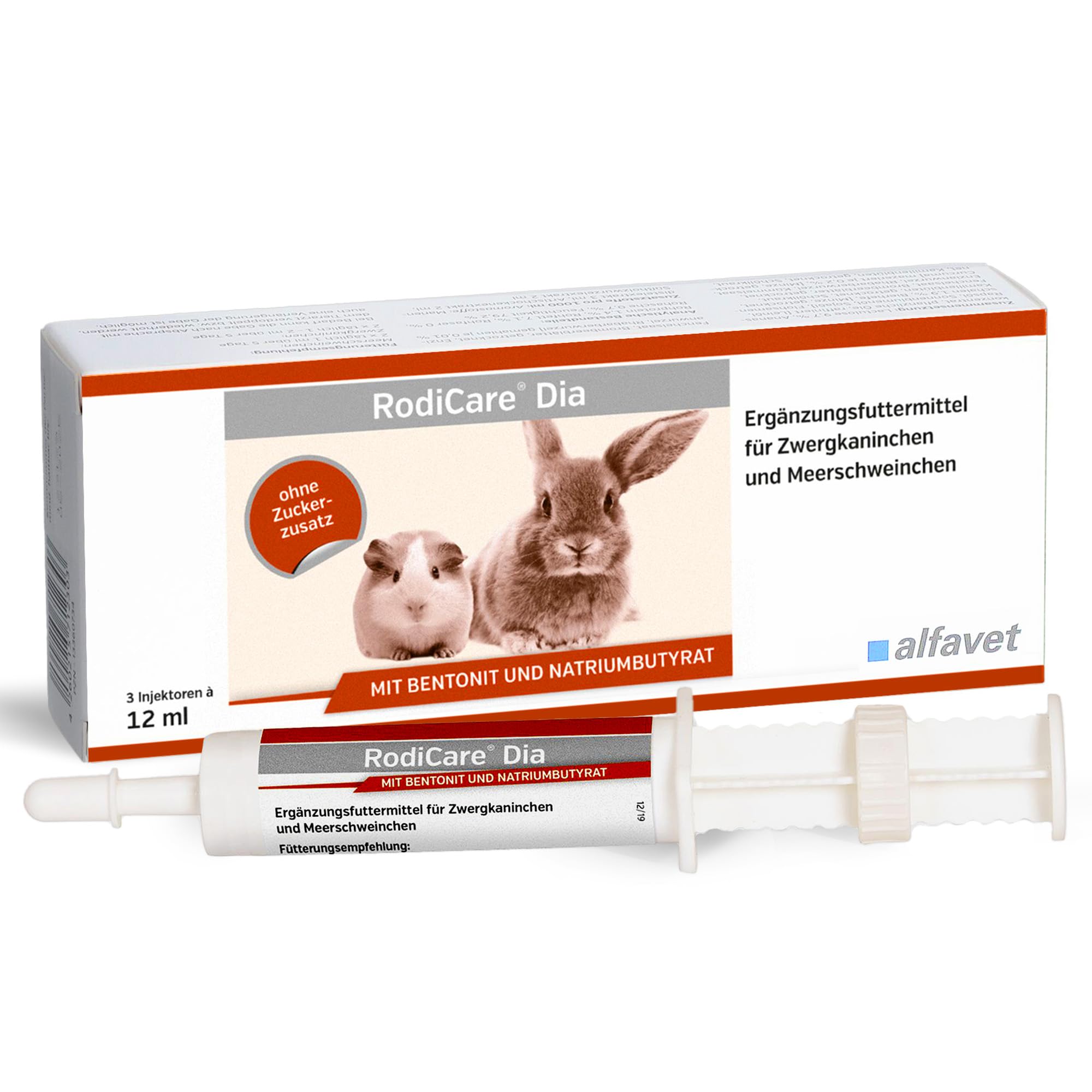 Alfavet RodiCare Dia, supplementary feed for dwarf rabbits and guinea pigs, for diarrhoea, with sodium butyrate, sugar-free, 3 injectors of 12 ml each