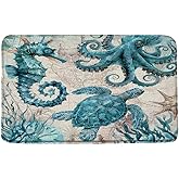 Nautical Sea Turtle Bath Mat Teal Vintage Octopus Seahorse Undersea Animals Marine Life Coral Reef Ocean Map Coastal Blue Bathroom Floor Rug Carpets for Bedroom Door Rug 18x30 Inch