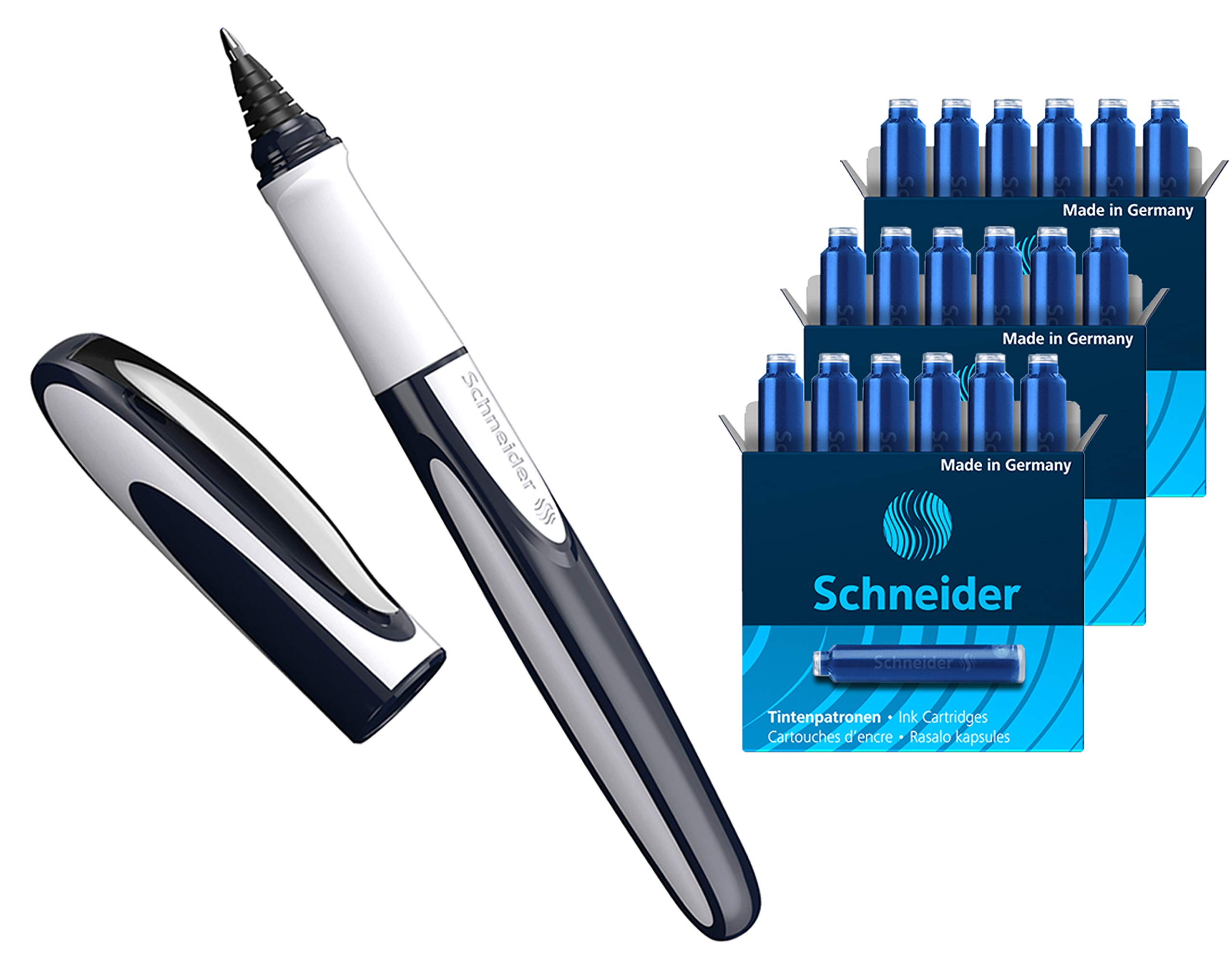 Schneider Ray Rollerball Pen (Refillable with Standard Ink Cartridges, Suitable for Right and Left-Handed Users) (Pack of 1 + 18 Extra Cartridges)