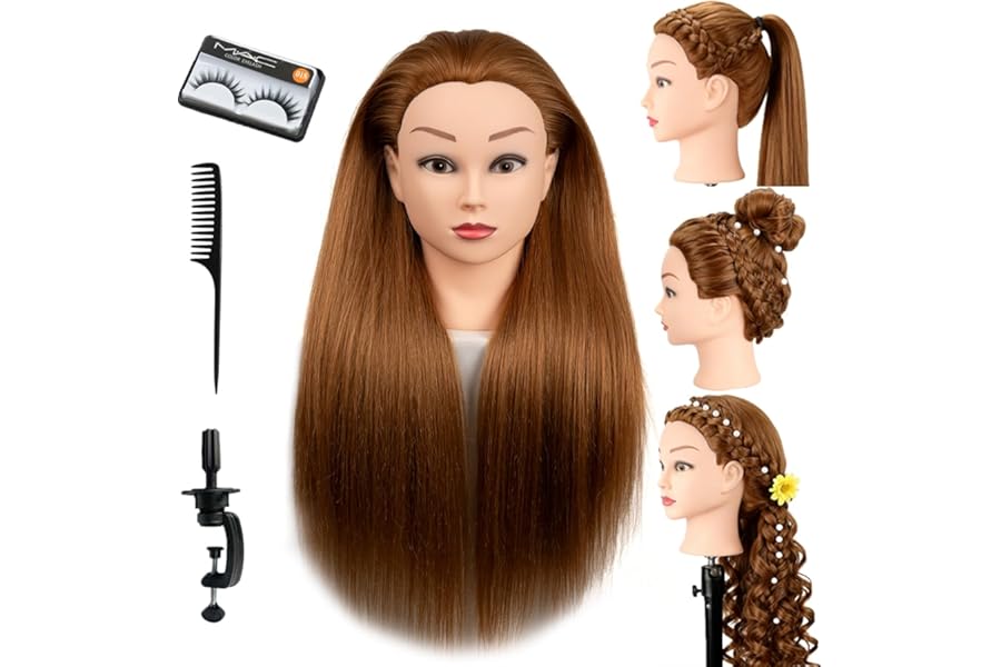 Mannequin Head with 80% Human Hair for Hair Styling Practice, 22 Inch Hair Mannequin Head for Curling Iron, Braiding & Cutting, Professional Styling Training Head with Clamp & Stand Included